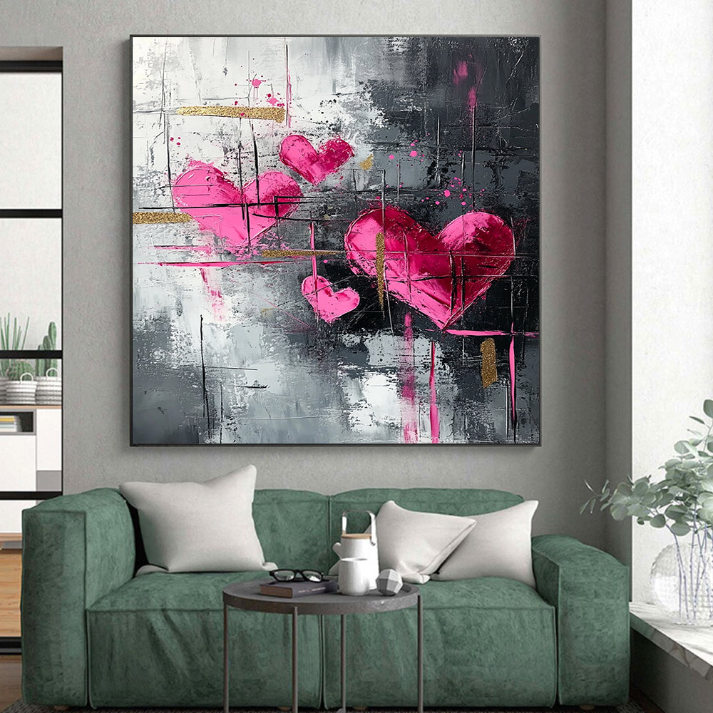 Pink Hearts, Gray Background & Gold Accents - “Elegant Romantic Fusion” Painting On Canvas HB213