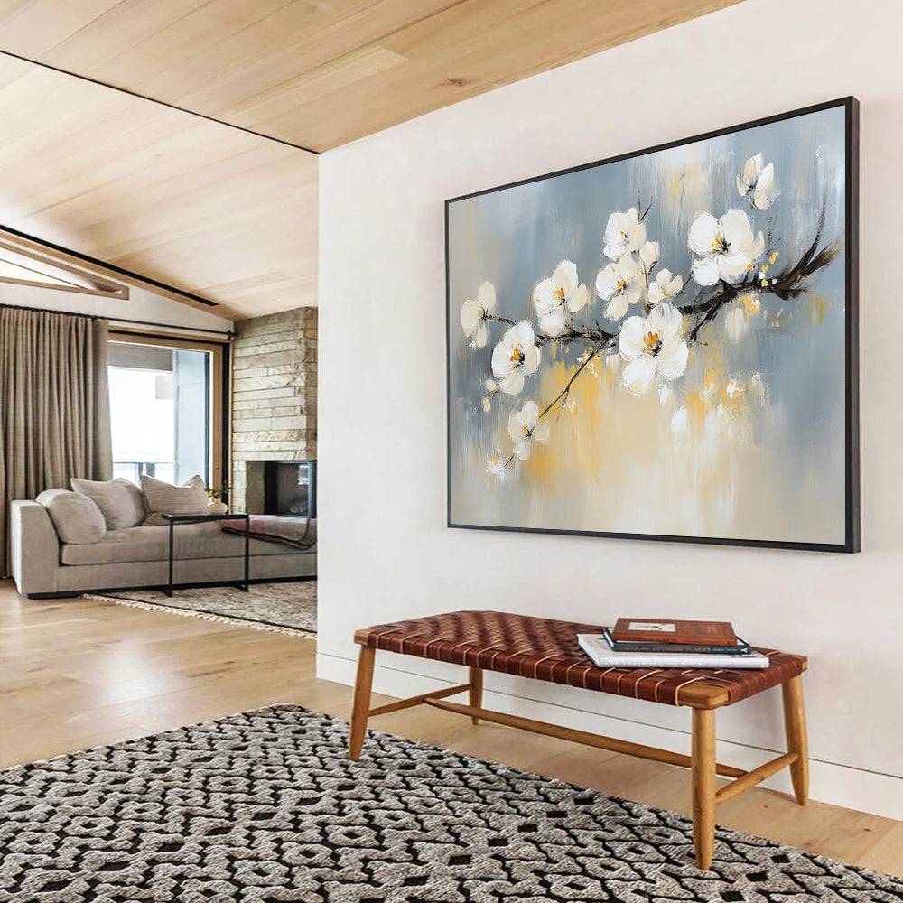 “White Blossoms On Branch” - Gray, White, Yellow, Impressionist Floral Painting On Canvas HB0682