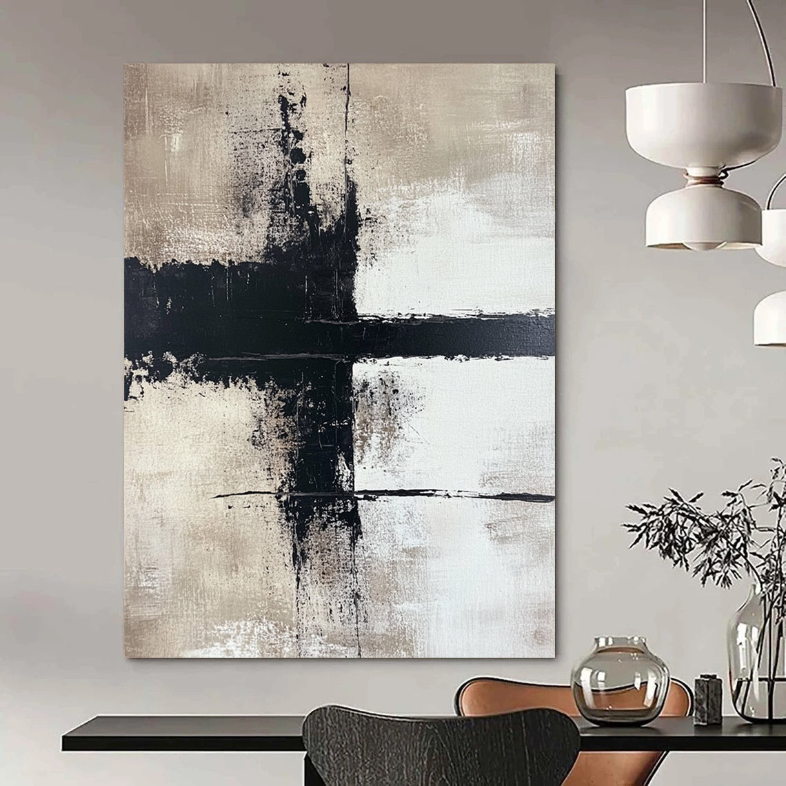 Large contemporary hand-painted abstract art featuring bold brushstrokes on a beige background with high contrast and a minimalist style creating strong visual impact. DLZ0507