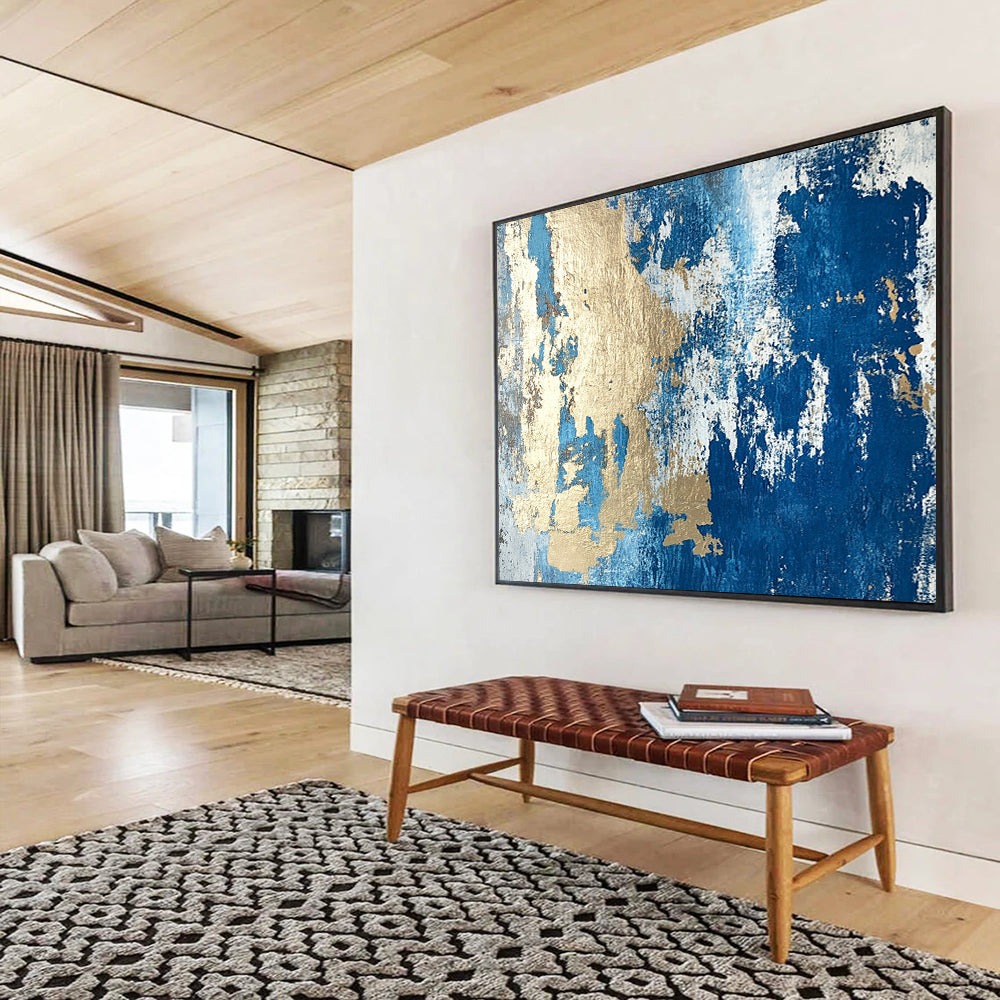 “Textured Gold - Blue Abstract Fusion” - Gold, Blue, Gray, White, Textured Layers Painting On Canvas HB0819