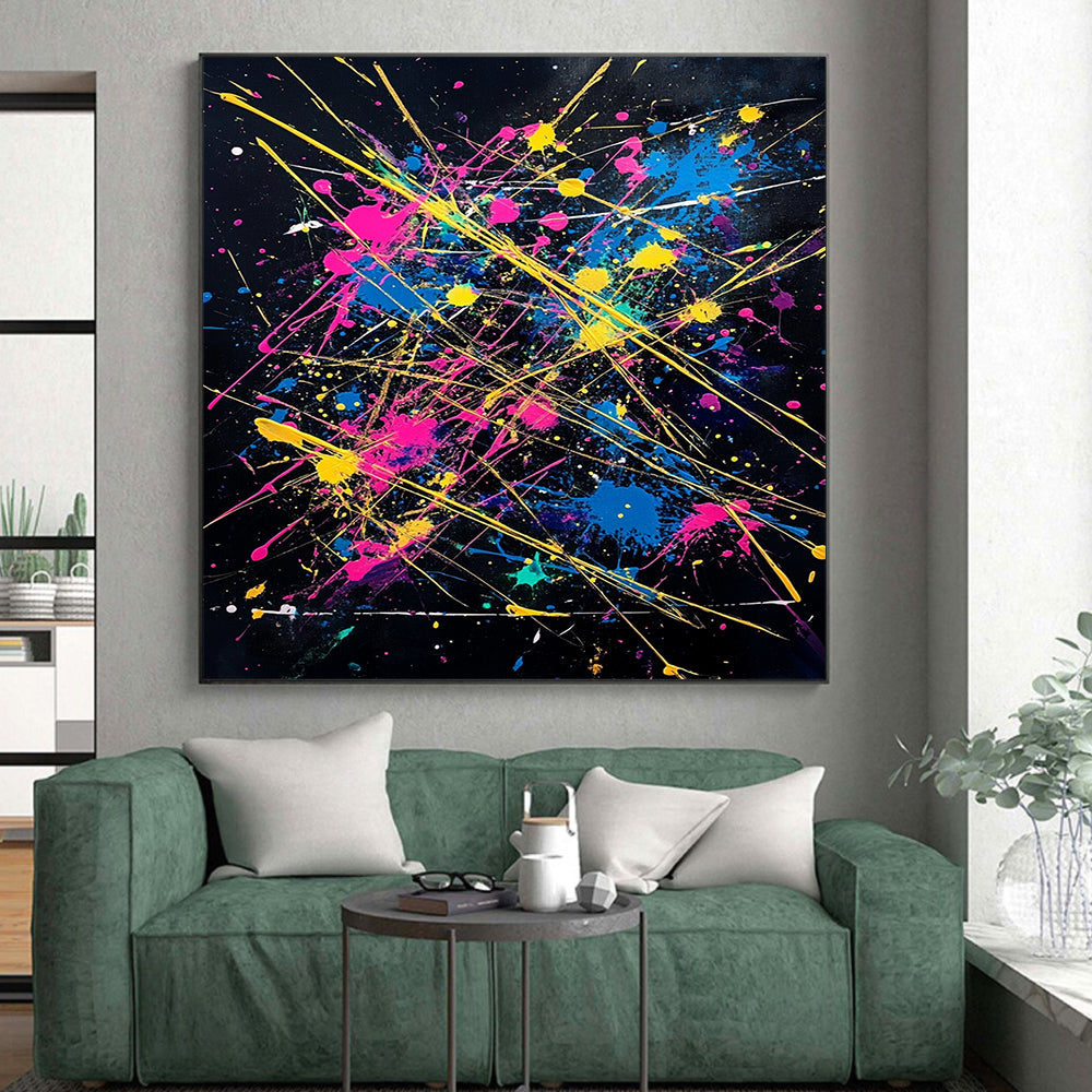 Black, Colorful Splashes, Yellow Lines "Fiesta Explosion" Abstract Painting On Canvas HB029