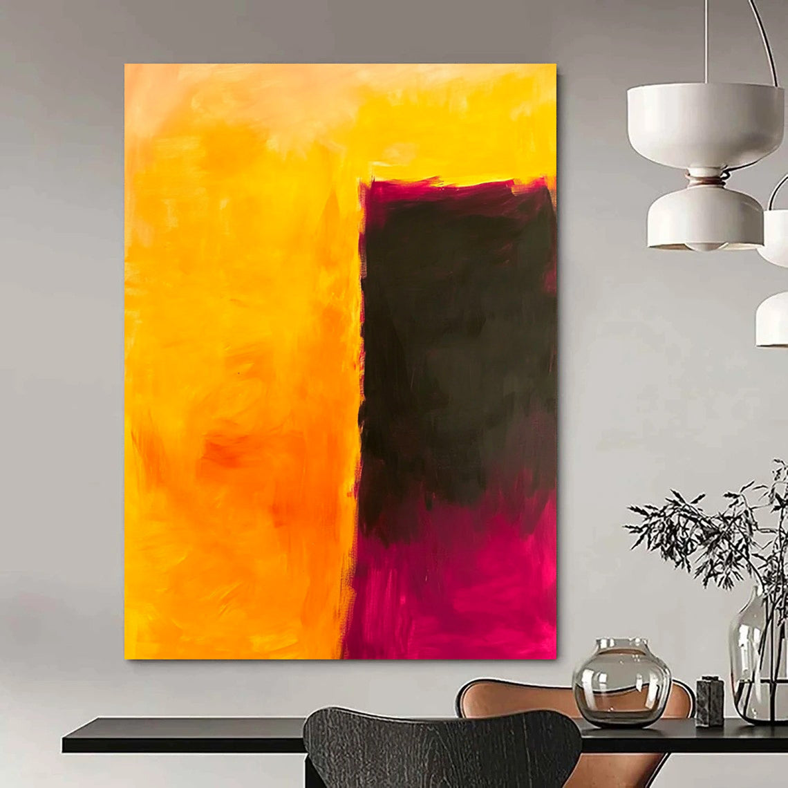 Contemporary hand-painted abstract art featuring a striking interplay of yellow and dark pink, evoking emotion and contemplation in a minimalist style. DLZ1363