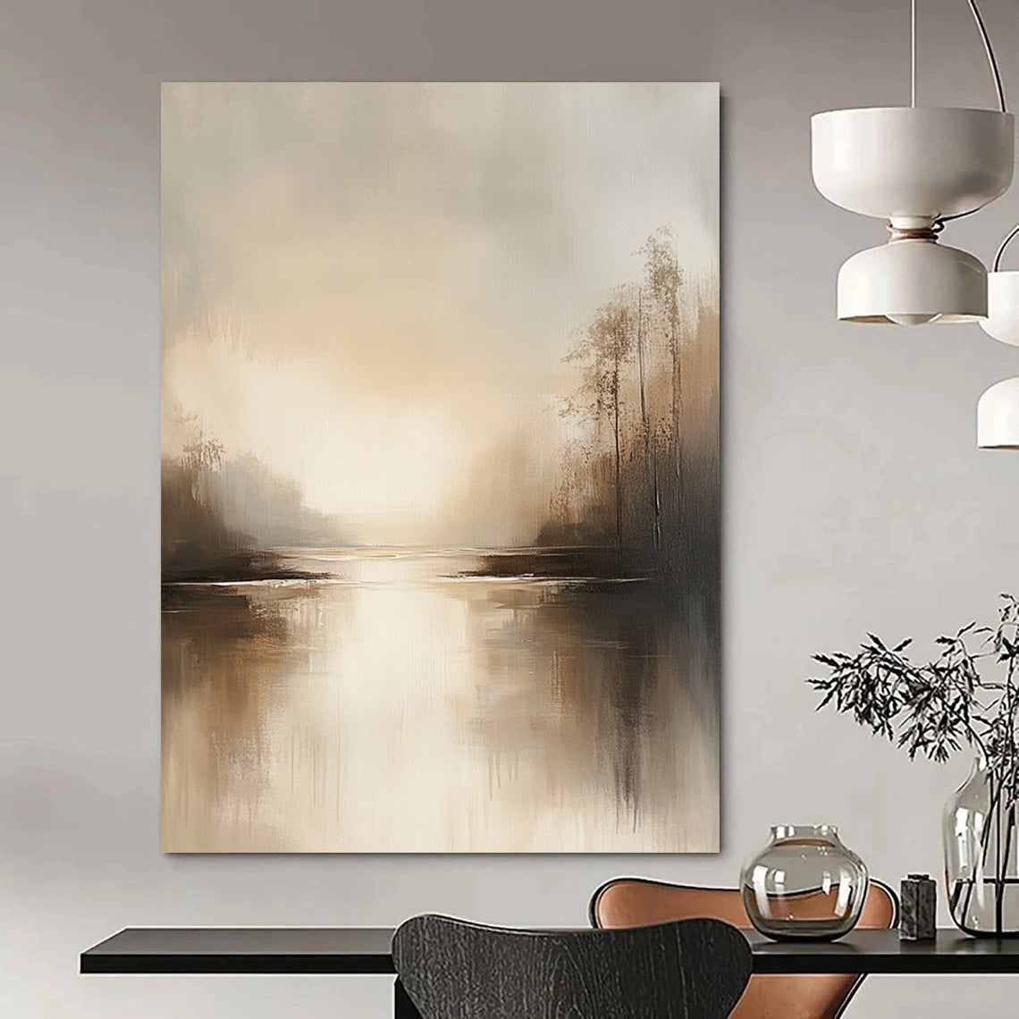 Abstract landscape artwork featuring neutral beige and gray tones tranquil water reflections and a serene muted sky evoking an ethereal calmness. DLZ0414