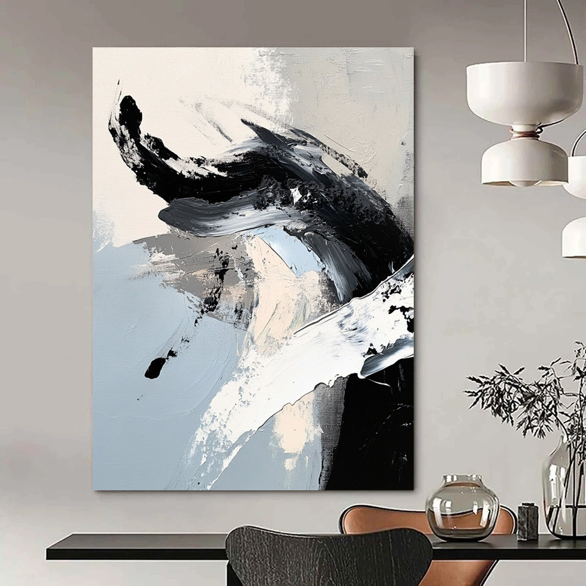 Contemporary abstract painting features striking black and white brushstrokes with a dragon-like shape in ink-like detail, embodying minimalistic expressionism. DLZ0736
