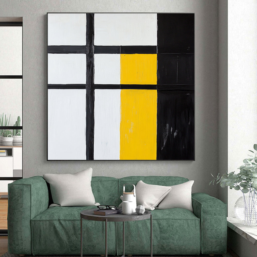 Black, White, Yellow, Geometric Squares "Primary Geometric Squares" Abstract Neo - Platicist Painting On Canvas HB159