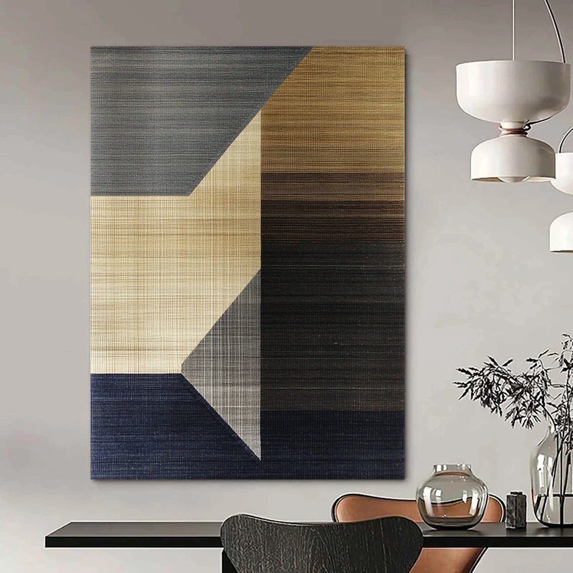 Contemporary abstract artwork with geometric shapes in earthy tones featuring soft browns and greys contrasted with dark navy and delicate line-drawn squares. DLZ1453