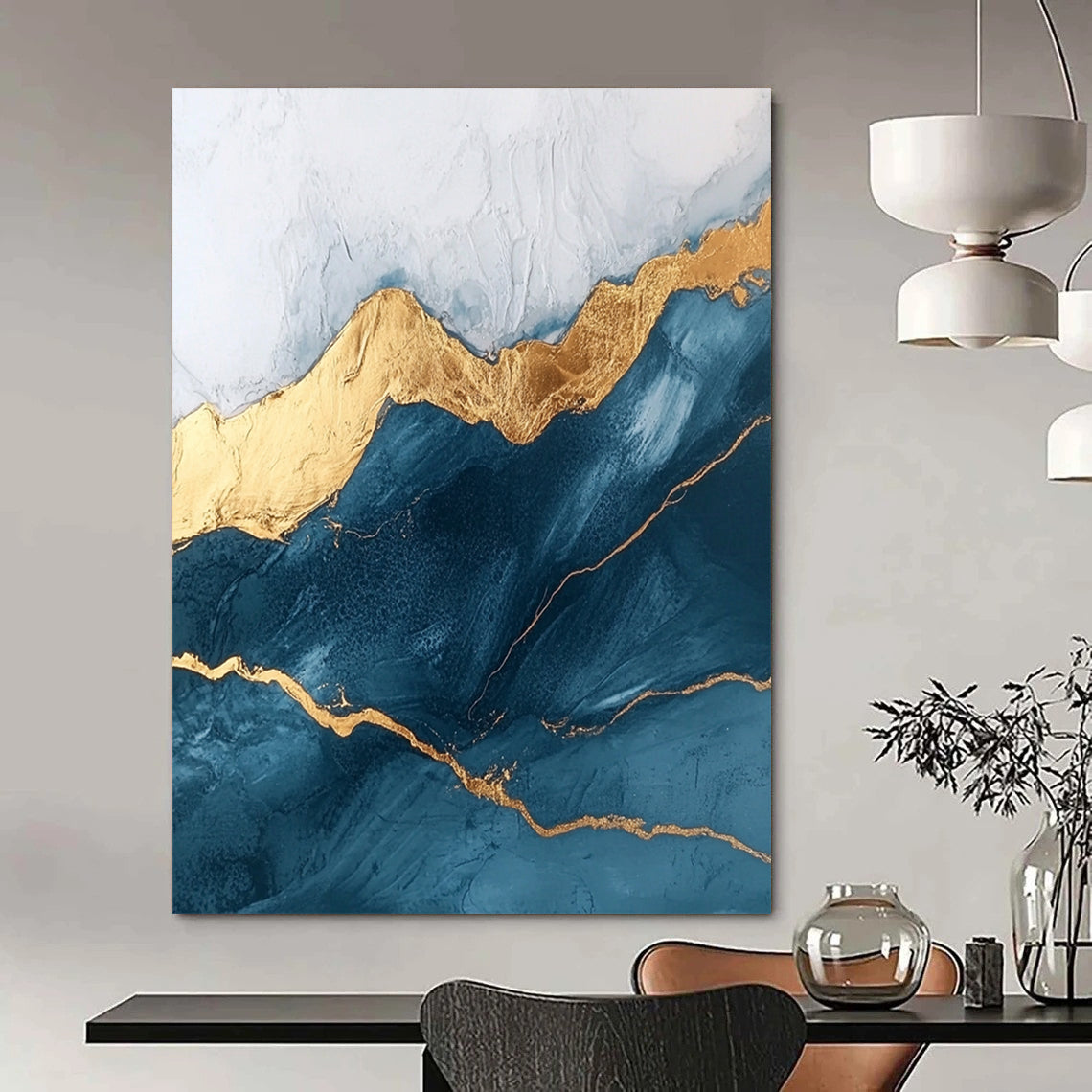 Contemporary abstract art featuring marble texture and rounded edges adorned with golden lines in a dark blue and white mountain peak theme. DLZ1591
