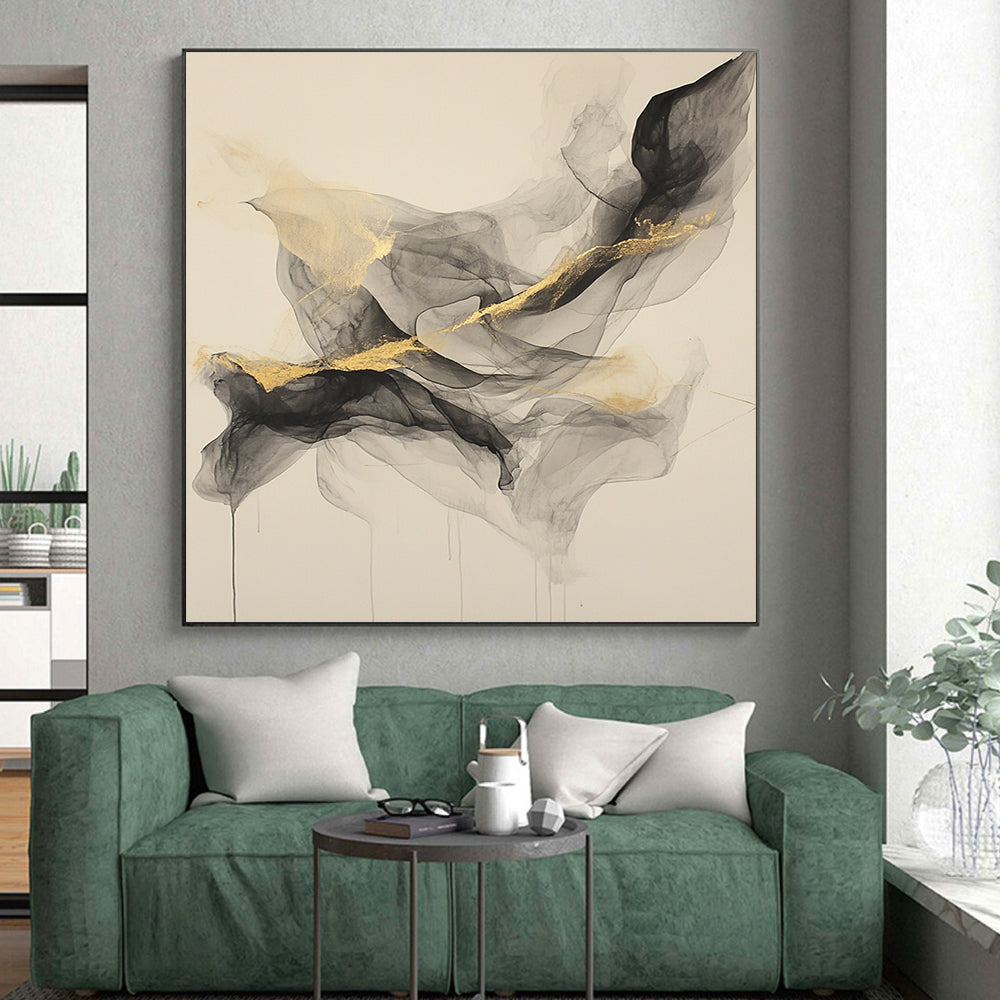 Beige, Gray, Gold, Flowing Shapes "Smoky Allure" Abstract Painting On Canvas HB028