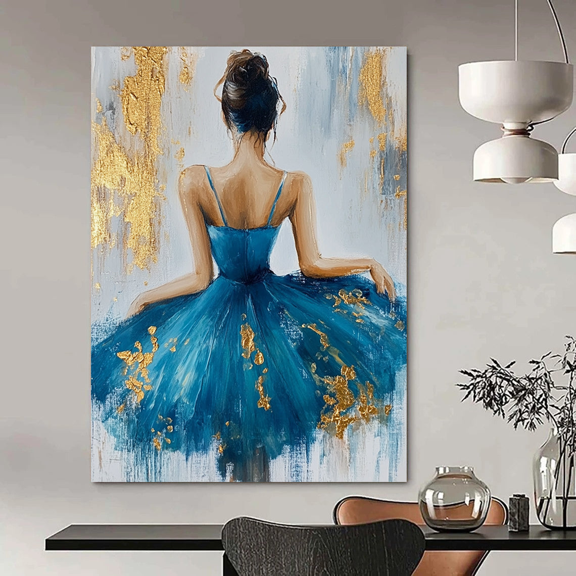 Contemporary abstract artwork featuring a ballerina in a blue dress adorned with gold leaf on textured white canvas background. DLZ0466