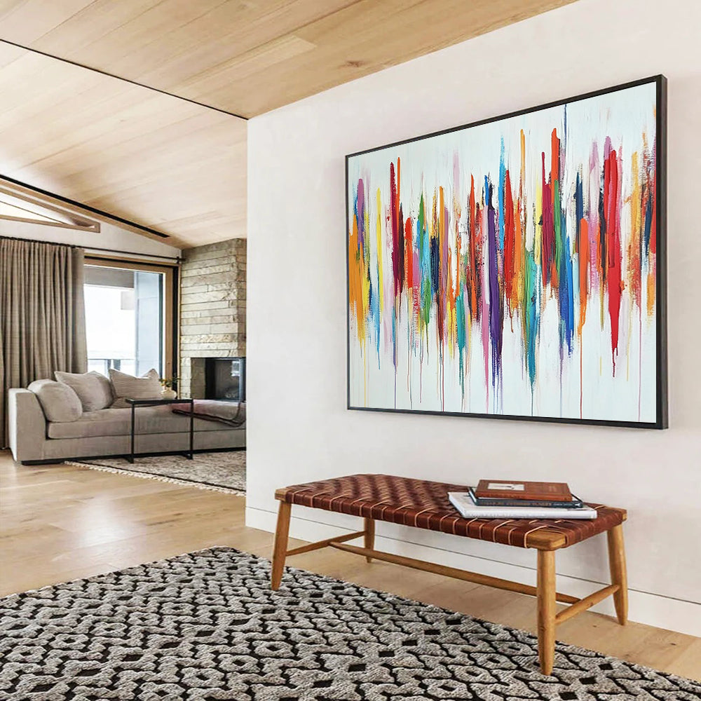“Color Cascade” - Rainbow - like reds, oranges, yellows, greens, blues, purples; Vertical, dripping color strokes; Abstract Expressionist Painting On Canvas HB1153