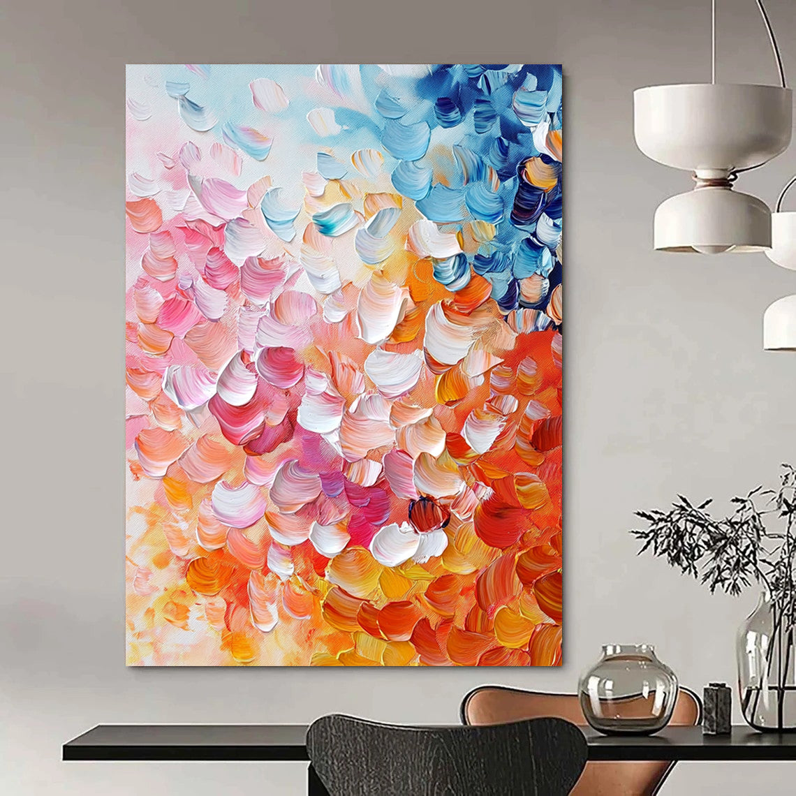 Contemporary abstract painting featuring vibrant pink, orange, and blue petals in thick impasto strokes, perfect for enhancing any modern space. DLZ0384