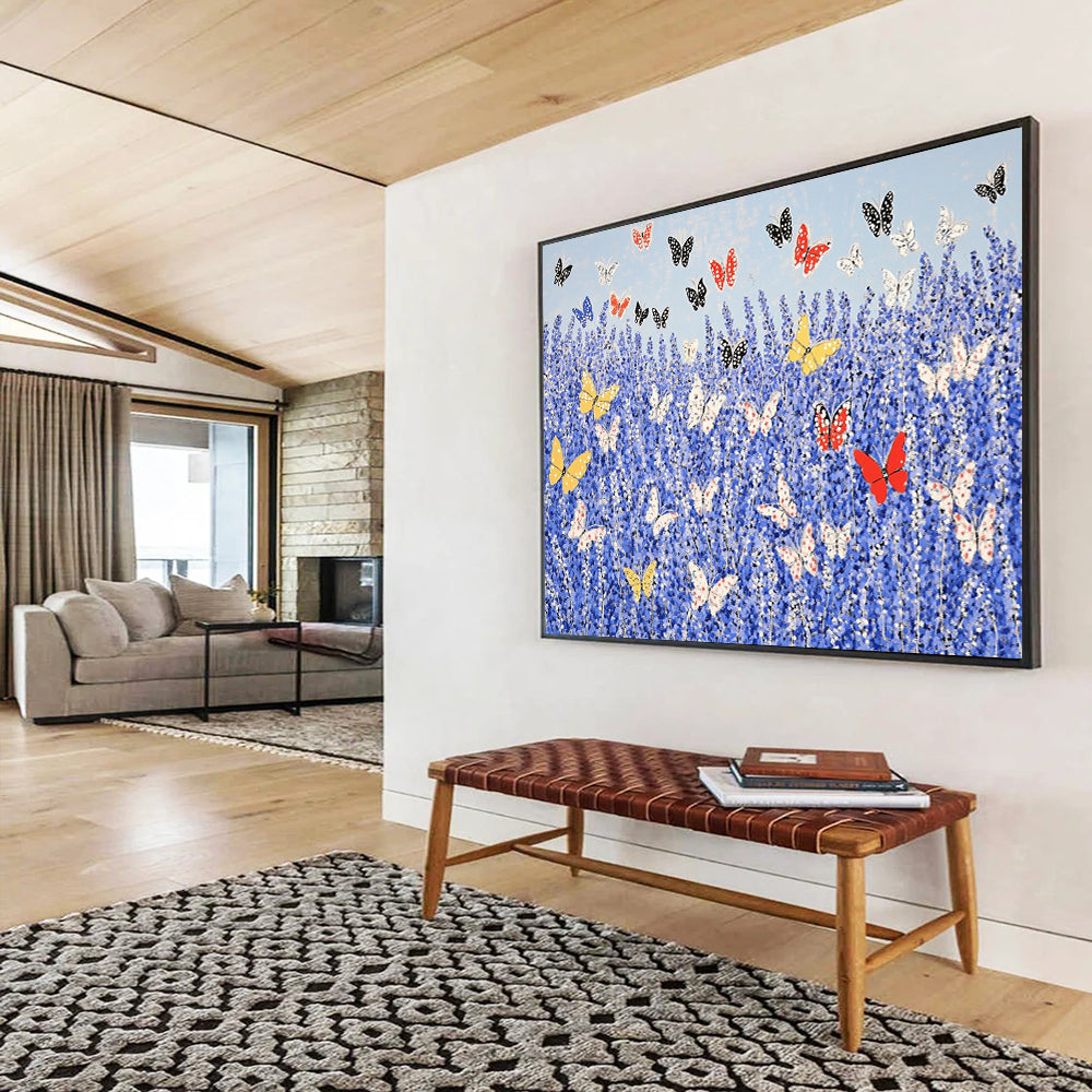 “Butterflies in Blue Field” - Blue, Yellow, Red, Nature Scene with Butterflies - Acrylic Painting HB1654