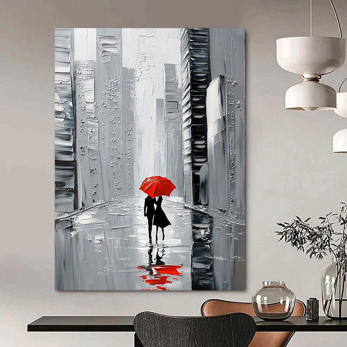 Contemporary abstract painting featuring a white skyline with black skyscrapers a couple walking under a red umbrella on a reflective wet street. DLZ1652
