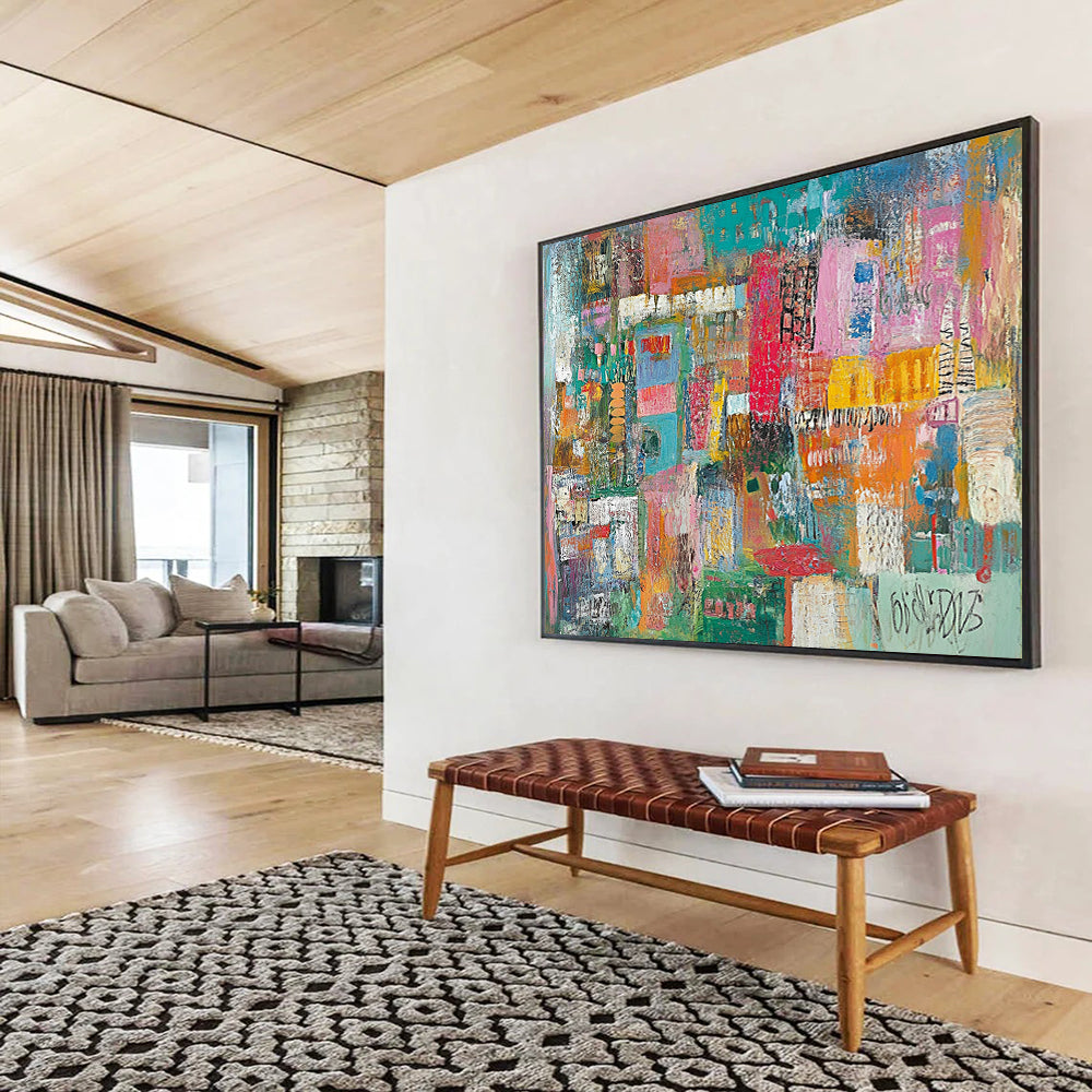Colorful Urban Mosaic Collage – Mixed - Media Abstract Cityscape Painting HB1473
