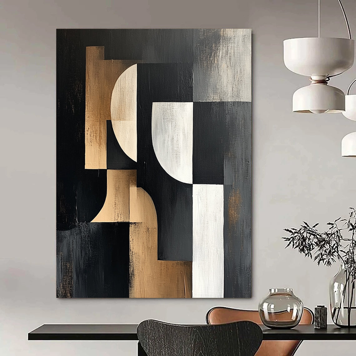 Large contemporary abstract painting featuring bold black white and beige shapes on a dark gray background with a textured canvas finish. DLZ1373