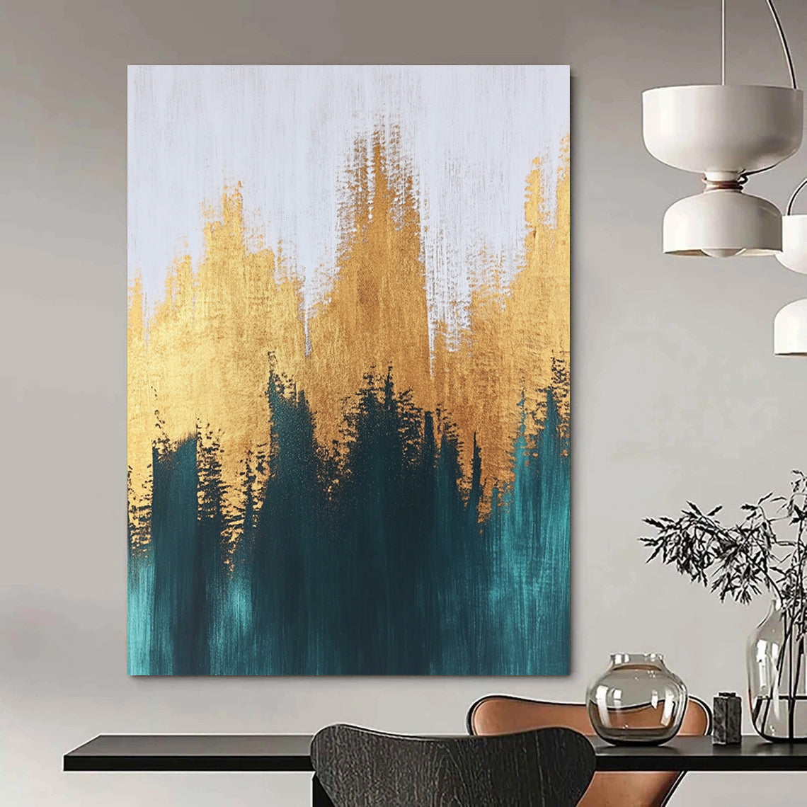 Contemporary abstract painting with textured brush strokes featuring gold and teal hues creating a serene and balanced composition on a large canvas. DLZ0388