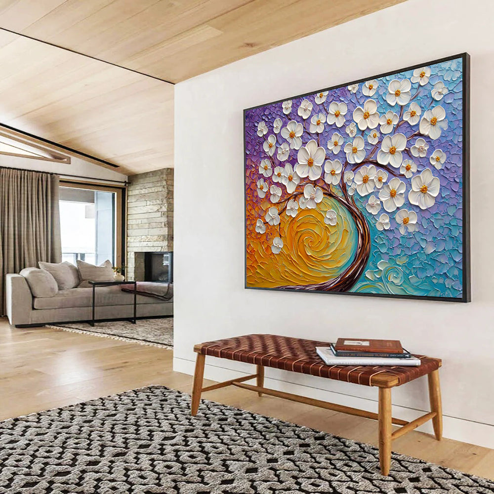 “3D White Flowers on Colorful Textured Background” - Purple, Blue, Orange, White 3D Flowers - Textured Acrylic Painting HB1636