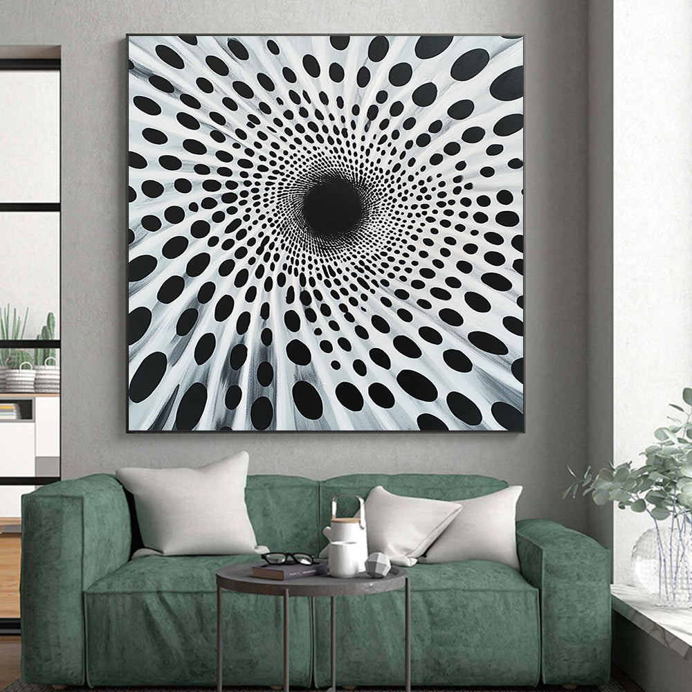 Black Dots on White Radial Pattern - “Spiral Particle Vortex” Painting On Canvas HB189