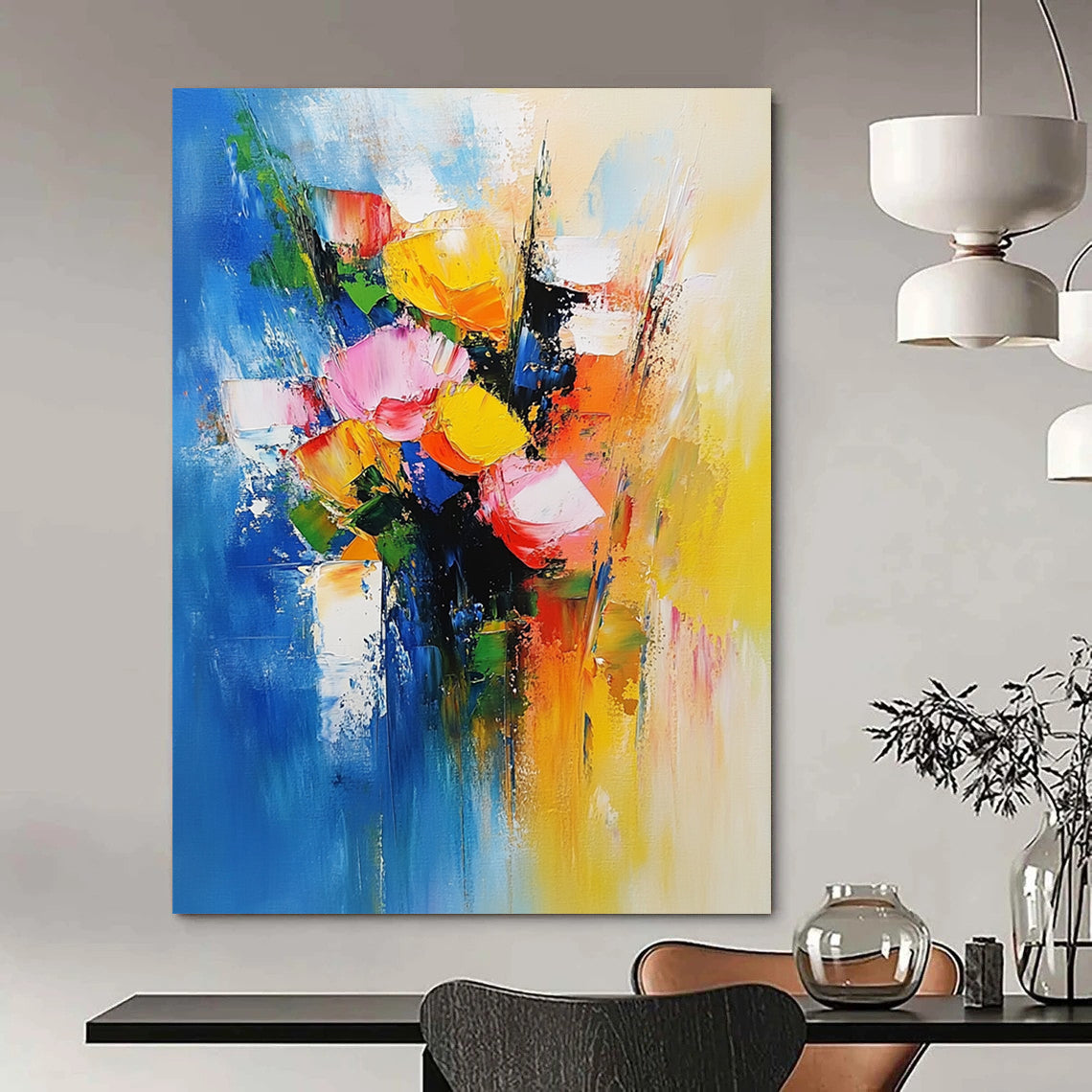 Bold contemporary abstract painting featuring vibrant flowers against soft blue and yellow tones evoking joy and vitality with dynamic brushwork. DLZ0374
