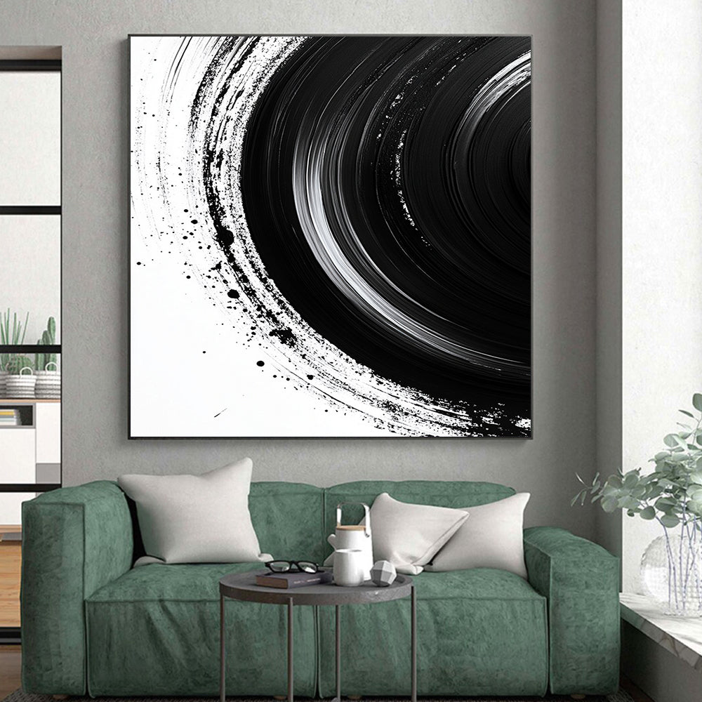 Black Concentric Brushstrokes on White - “Infinite Ink Vortex” Painting On Canvas HB217