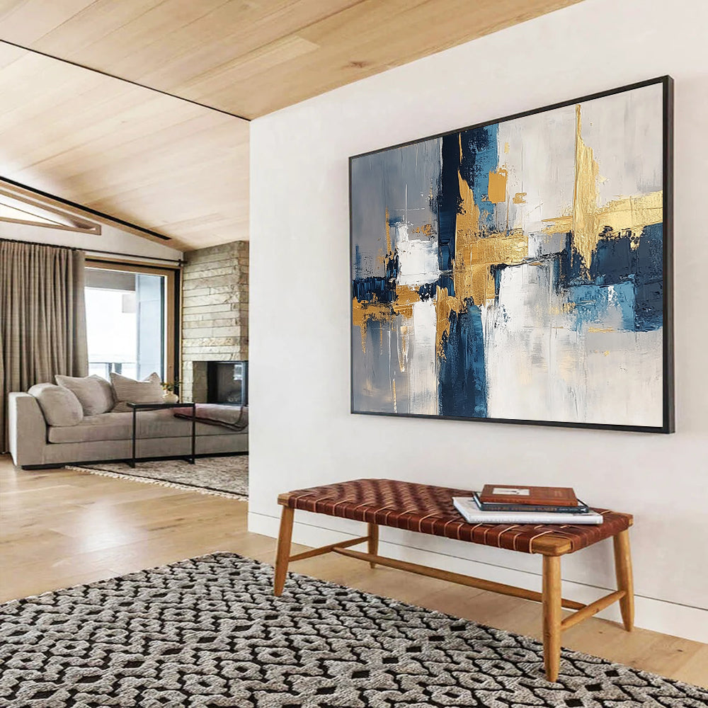“Geometric Gold - Blue - Gray Abstract” - Gold, Blue, Gray, White, Geometric Forms Painting On Canvas HB0820