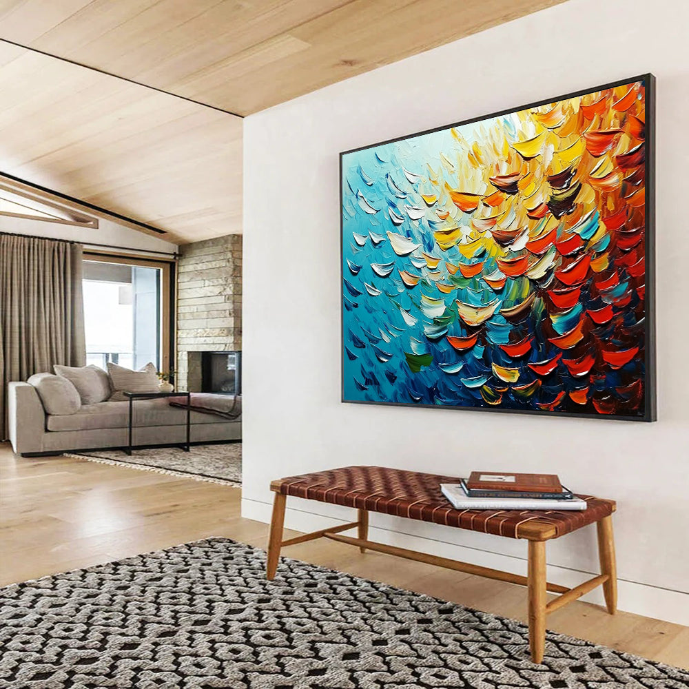 “Textured Ocean Petals” - Blue, yellow, orange, red; Petal - like thick strokes mimic ocean waves; Abstract Impasto Oil Painting On Canvas HB1168
