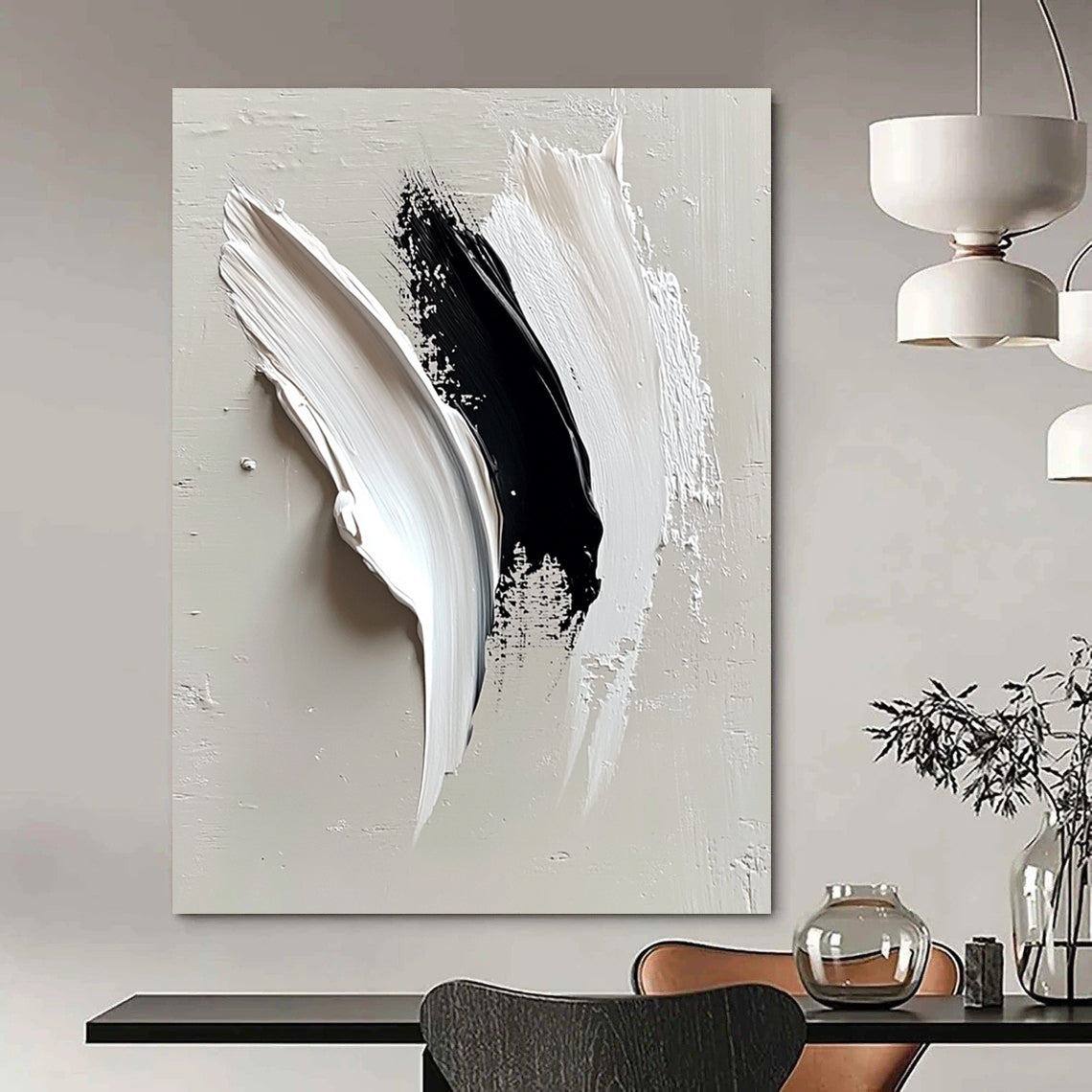 Contemporary abstract painting featuring minimalist white and black strokes on light gray, symbolizing an eagle's wing with a blend of elegance and strength. DLZ0664