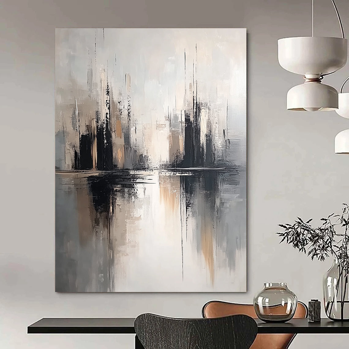 Contemporary hand-painted abstract artwork featuring soft gray tones and a neutral palette with detailed textures and minimalist design on a white background. DLZ0810