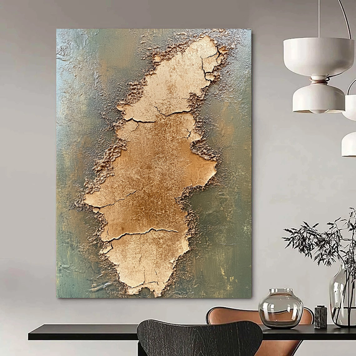 Contemporary abstract painting features two stacked cracked brown earth plains on an olive green background created with textured oil paint. DLZ0651