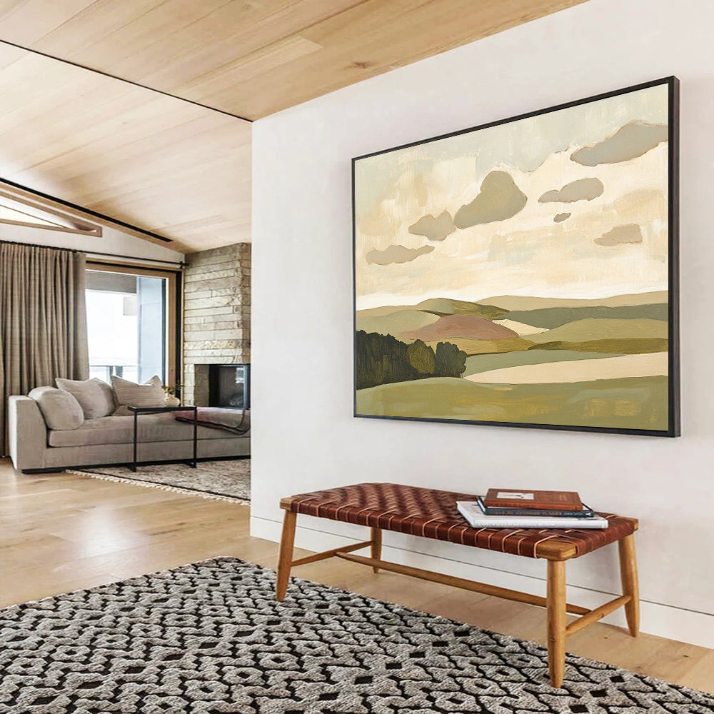 “Softly Painted Landscape” - Green, beige, pink, blue, Minimalist Landscape Painting HB0622