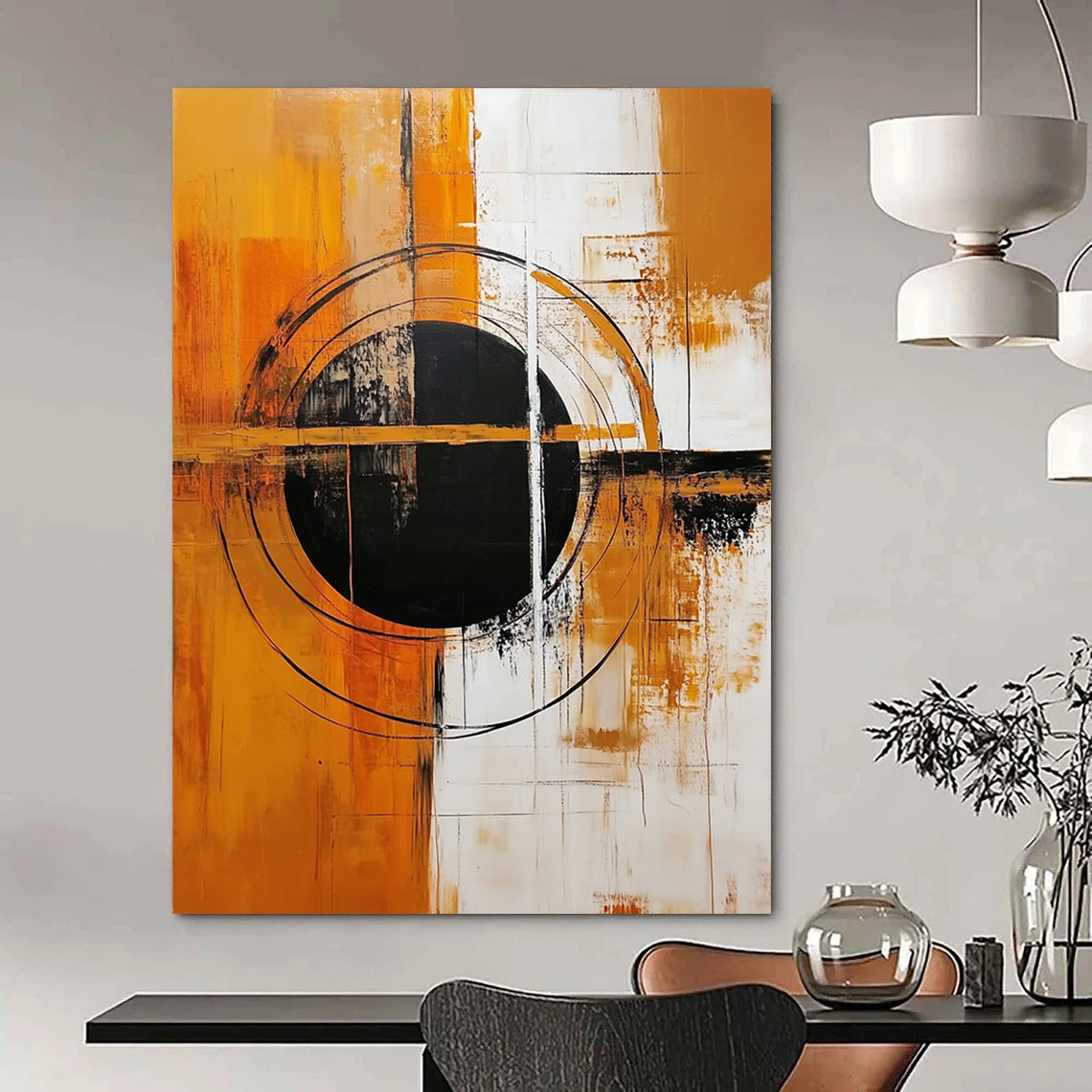 Large contemporary hand-painted abstract artwork featuring a central black circle on an orange and white background with geometric shapes and bold colors. DLZ0505