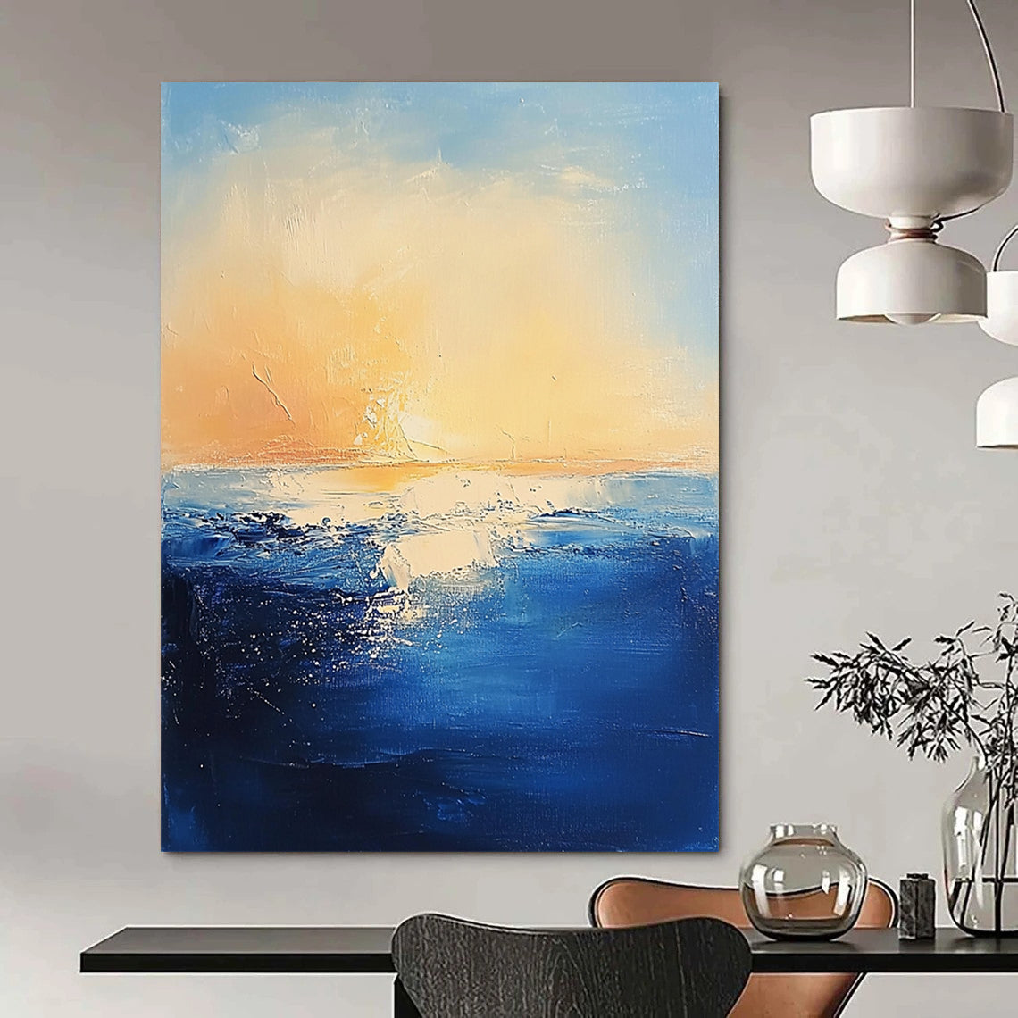 Contemporary abstract painting features textured navy ocean waves against a serene pastel sky and warm sun creating a mysterious atmosphere. DLZ0366