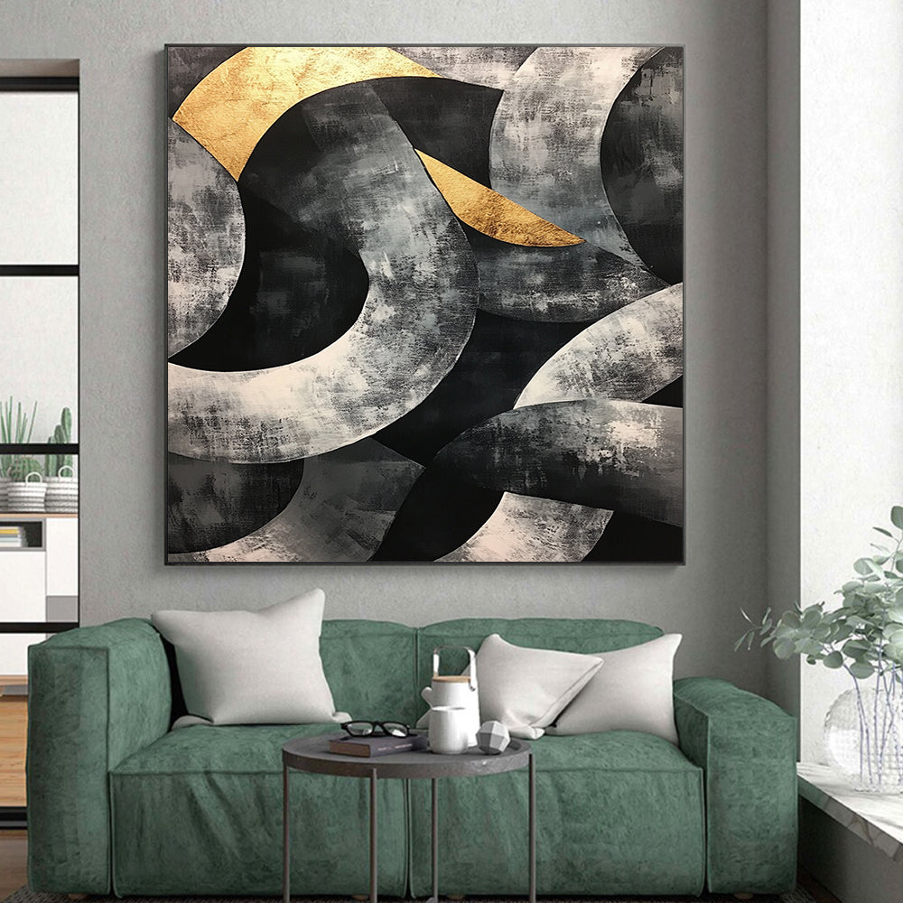 Gray, Black, Gold and Silver Geometric Abstraction "Complex Circles" Painting On Canvas HB400