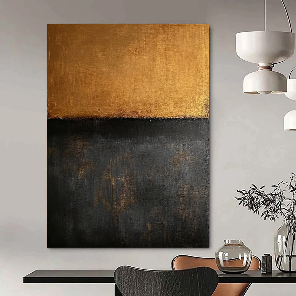 Contemporary large hand-painted abstract art features a minimalist brown and dark gray oil on canvas background in the style of Mark Rothko. DLZ0700