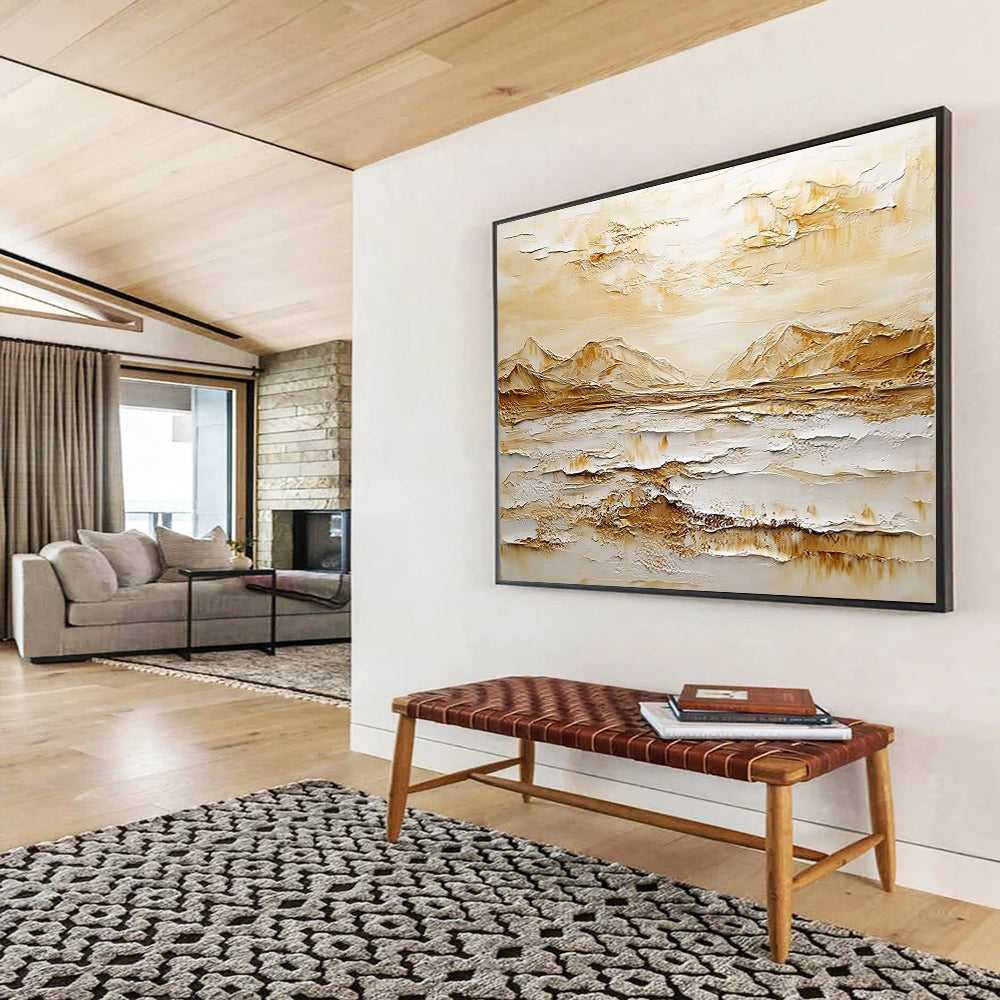 Neutral - Toned Textured Mountainscape - Minimalist Impasto Landscape Painting On Canvas HB0439