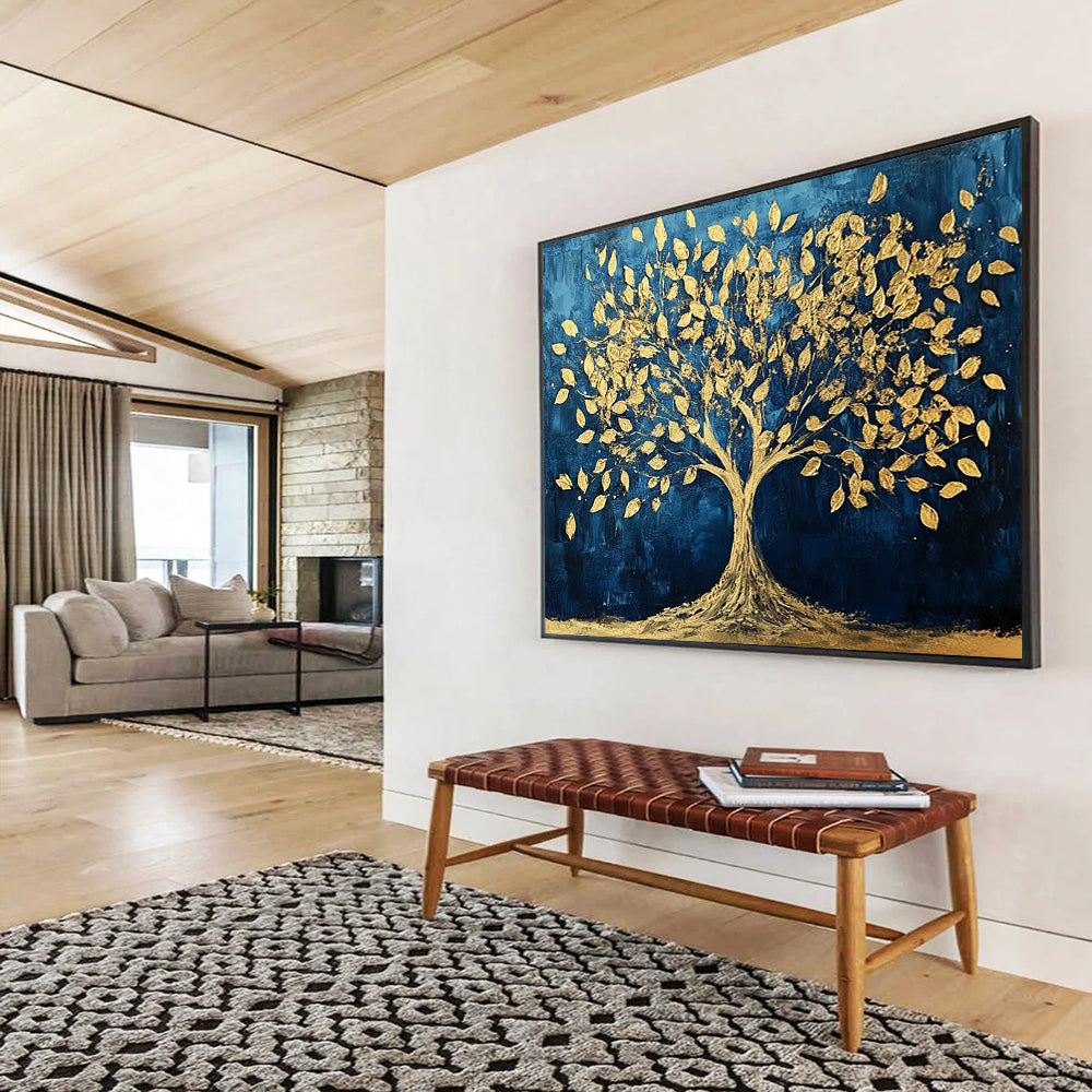 “Golden Tree of Life” - Blue, Gold, Tree Silhouette Painting On Canvas HB0734