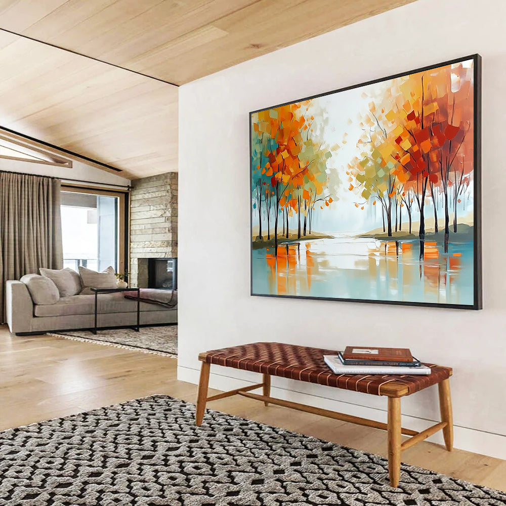 Abstract Autumn Trees Reflecting in Water - Modern Landscape Painting On Canvas HB0455