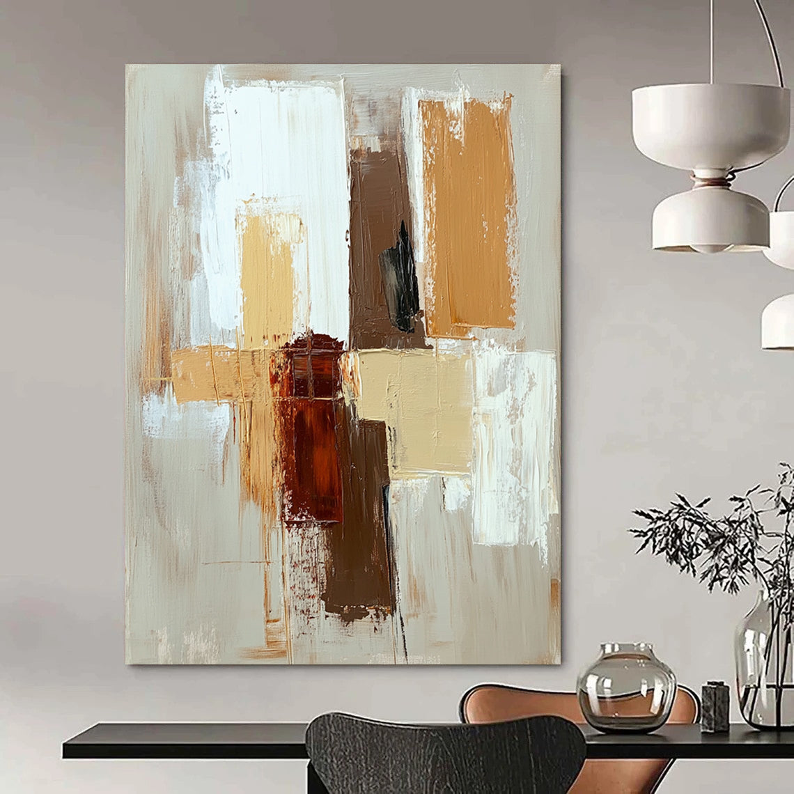 Contemporary hand-painted abstract artwork featuring a minimalistic design with beige brown and white brush strokes for a serene aesthetic. DLZ1020