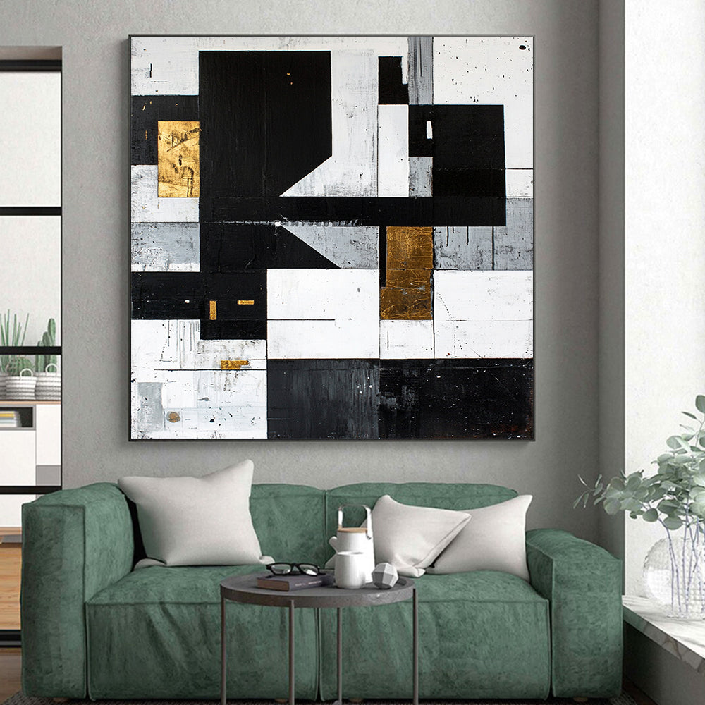 Black, White, Gray, Gold, Textured Rectangles "Gilded Rustic Modern" Abstract Modernist Painting On Canvas HB130