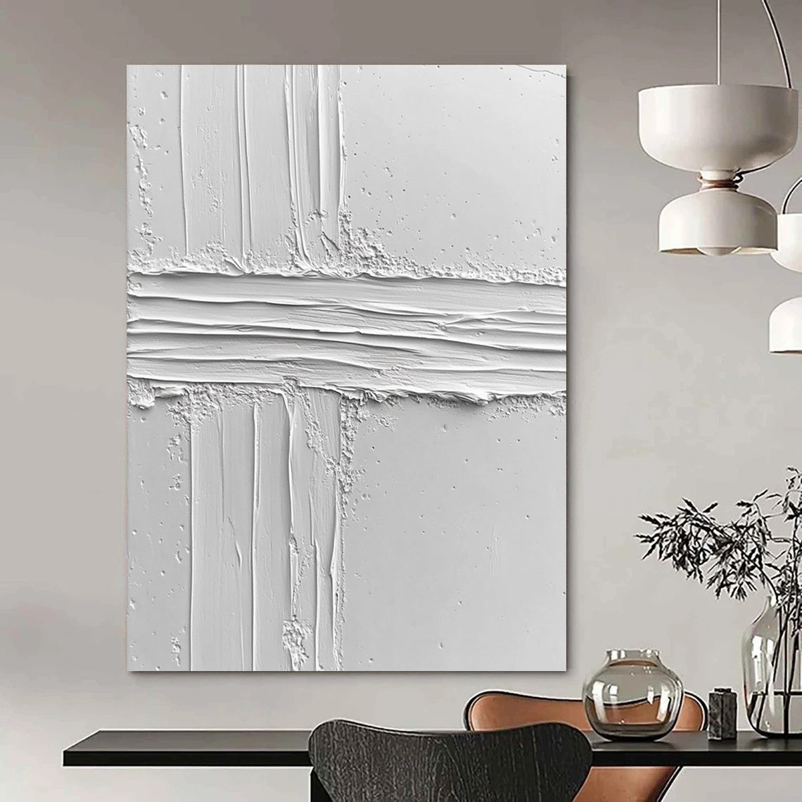 Contemporary abstract art featuring a textured white surface with an irregular line, evoking calmness and minimalism through its impasto technique and clean design. DLZ1261