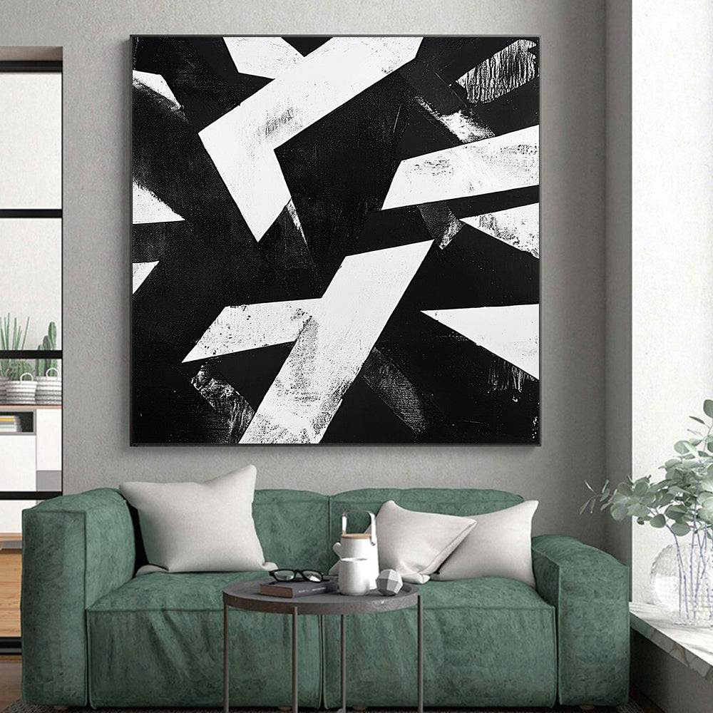 Black and White Geometric Abstraction "Dynamic Contrast" Painting On Canvas HB393