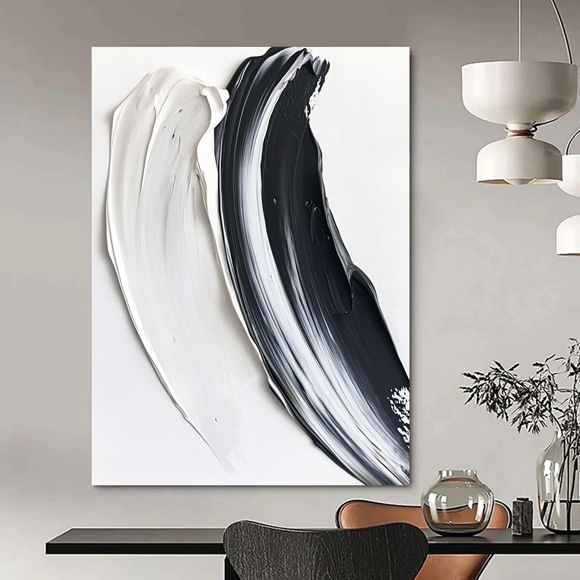 Contemporary hand-painted abstract artwork featuring two textured brushstrokes in black and white against a pure white background, creating a striking visual contrast. DLZ1230