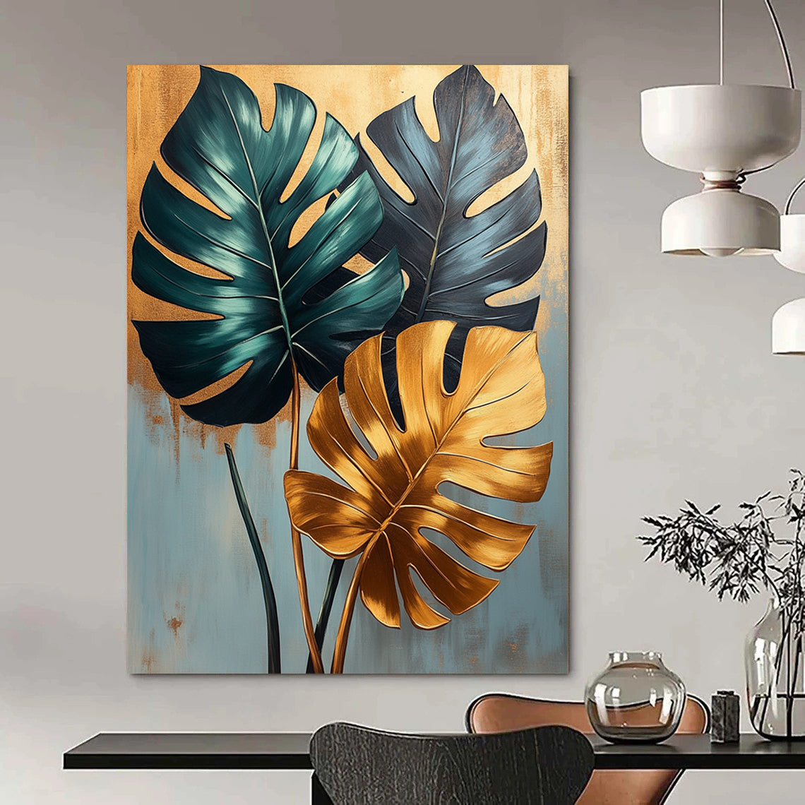 Contemporary abstract painting featuring lush monstera leaves in green and gold on a soothing light blue backdrop with elegant gold accents. DLZ1680