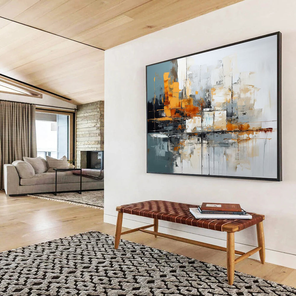 Grey - Orange Abstract Cityscape - Modern Living Room Centerpiece DLZ002