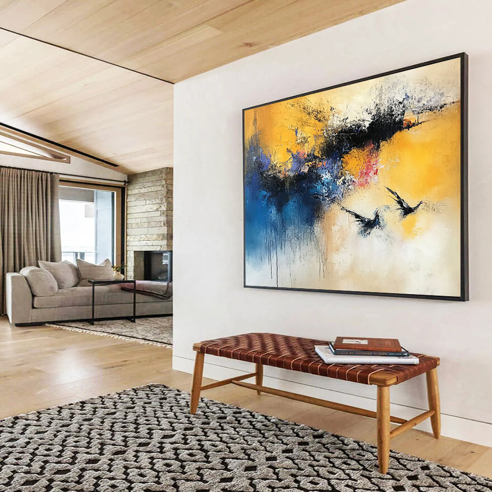 “Yellow Blue Purple Abstract Birds” - Yellow, blue, purple, red, white; Abstract with flying birds HB1293