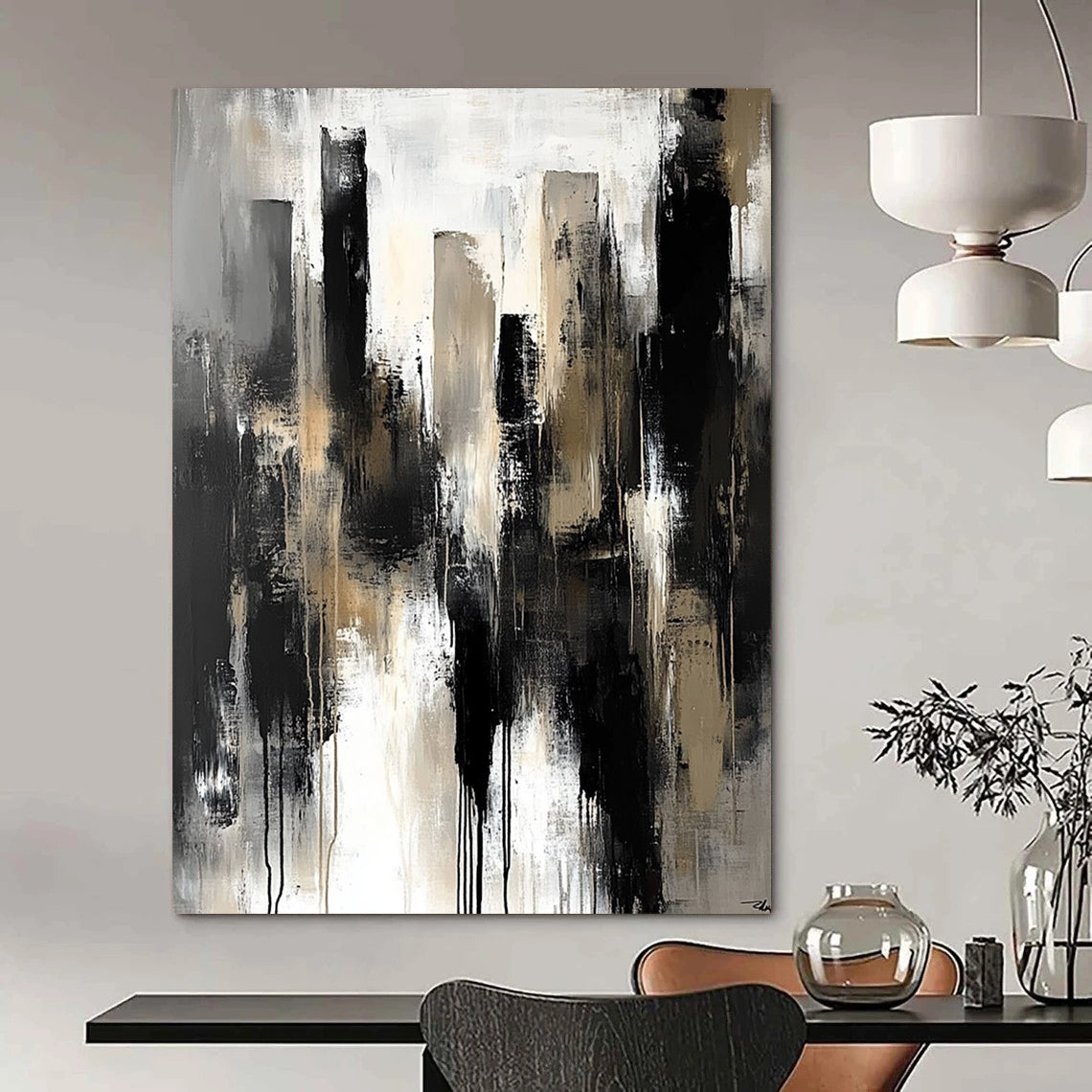 Contemporary abstract painting featuring dark gray tones large brush strokes muted neutral colors and a sense of urban melancholy and isolation. DLZ0313