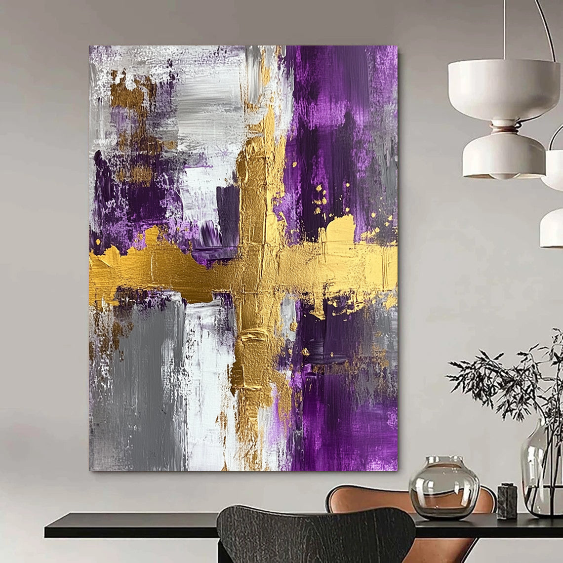 Contemporary painted abstract art features acrylic on textured canvas with gold foil accents in purple and grey, highlighted by a central cross shape. DLZ0276