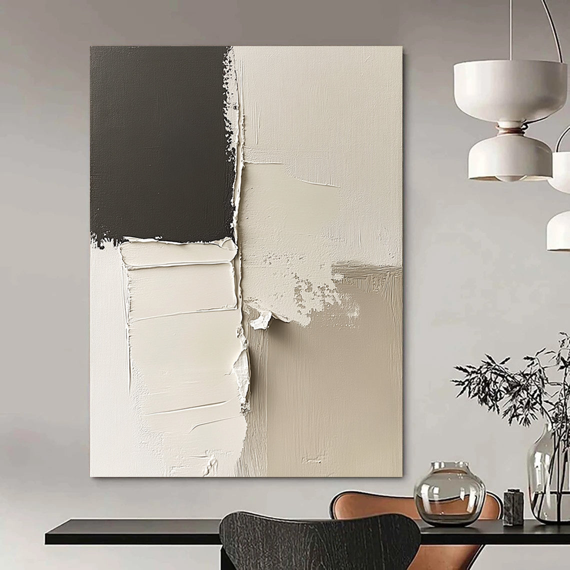Contemporary abstract artwork features striking black and white impasto shapes and minimalist lines on a canvas with deconstructed paper elements in neutral tones. DLZ0524