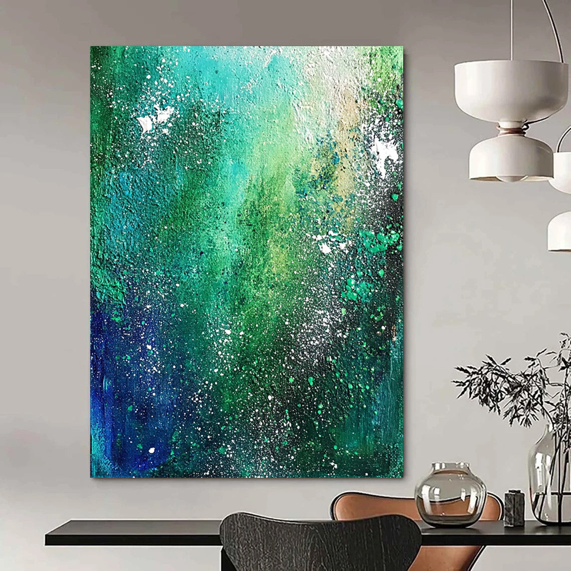 Contemporary hand-painted abstract artwork featuring emerald green and blue, depicting the Milky Way with textured white star speckles and dark teal foliage. DLZ0347
