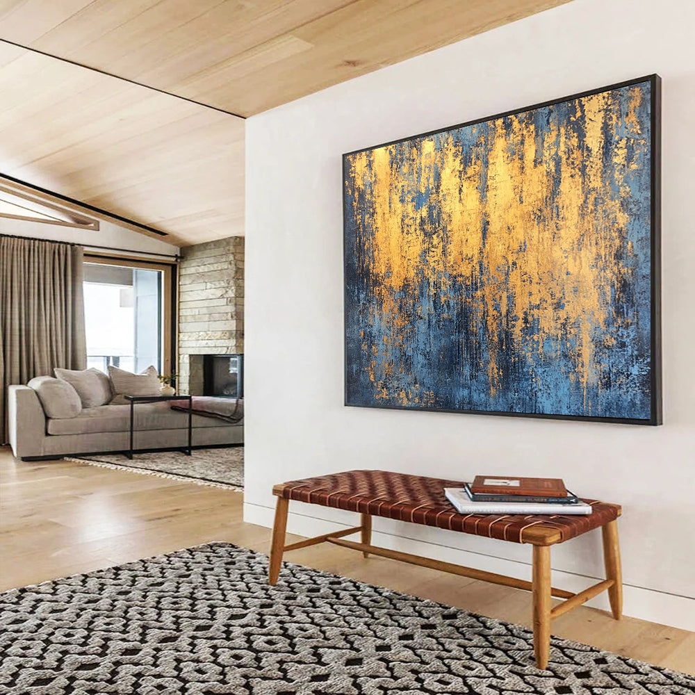“Gold - Streaked Blue Texture” - Blue, Gold, Abstract Textured Painting On Canvas HB1000